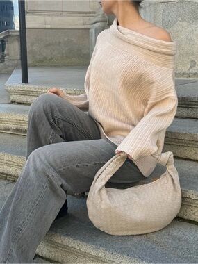 Off-the-Shoulder Ribbed Sweater in Light Beige